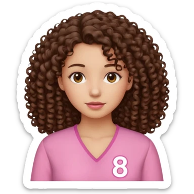 Curly hair Median, Brunette, wearing a pink blouse with *87* written on it. sticker