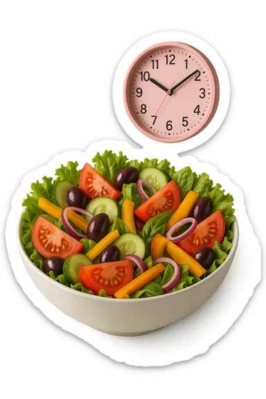 bowl con insalatona e orologio da muro rosa che le fluttua dietro che simboleggia una cena fatta in ritardo iperrealistici sticker