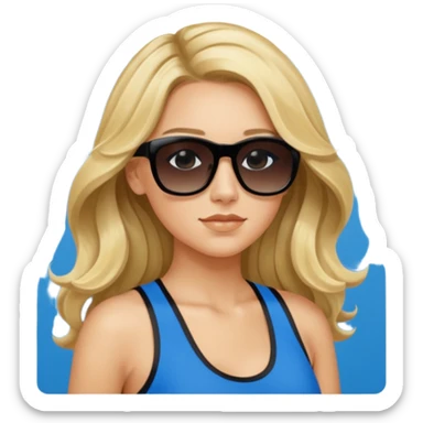 an olive tan woman with long, wavy blonde hair in a blue tank top wearing black Prada sunglasses sticker