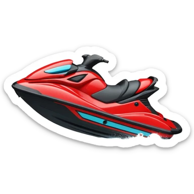 jet ski (red black and white all in the same amount. maybe a red a bit more dominant) on the sea. show the sea under the jet ski - blue with turquoise. no sky - white background instead. DO NOT REMOVE THE SEA AND THE WHITE WHEN FINALIZING!  NO ONE ON THE JET SKI  sticker