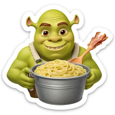 Shrek the green ogre holding a bucket full of carbonara pasta sticker