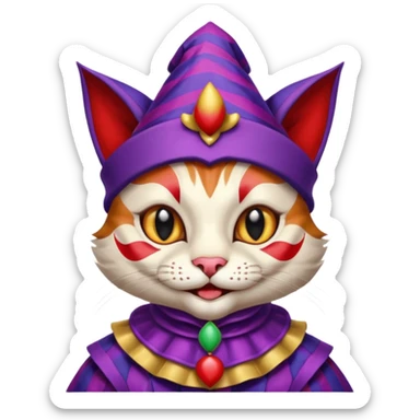 crazy colorful cute little cat jolly joker from poker, medieval, vintage, court jester, mac os icon, purple and red color, chromed inserts, half body sticker
