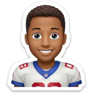 Black smiling man with blue eyes in a NY giants jersey sticker