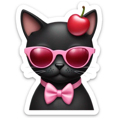 A black cat wearing a little light pink bow, red framed oval sunglasses, and drinking a cherry cola  sticker