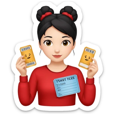 A girl with a bun of black hair, wearing a red long-sleeved shirt and holding theater tickets sticker