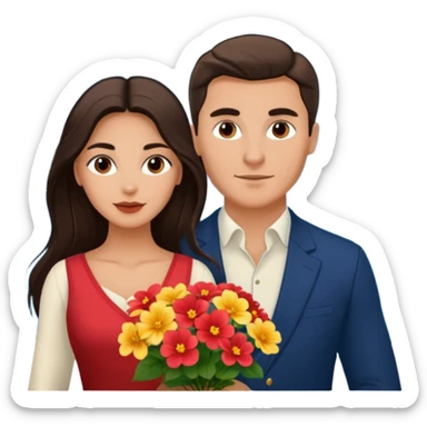 Couple traveling in Montenegro russian man and elegant  Latina girl delicate flowers and mountains in the background  sticker