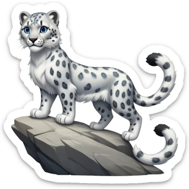 cinematic-snow-leopard-realistic-full-body-standing-emoji,-muscular-yet-graceful-body-balanced-on-rocky-cliffs,-long-fluffy-tail-swirling-behind,-head-tilted-dramatically,-thick-ghostly-white-fur-speckled-with-black-rosettes,-piercing-icy-blue-eyes,-simplified-yet-realistic-focused-features,-highly-detailed,-glowing-with-an-almost-sarcastic-glow sticker