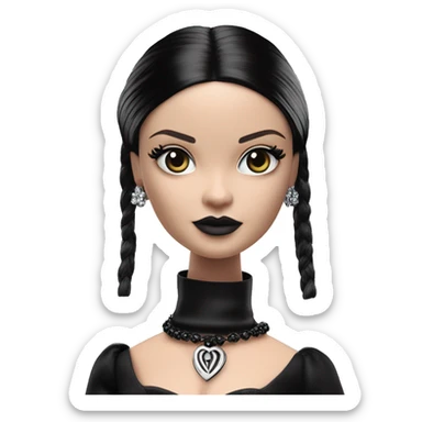  Elegant witch Wednesday Addams Barbie.  Small very light skin face. Earrings with matching necklaces. Long silky raven hair. black flowing strapless tight evening gown neckline that’s off-the-shoulders shows her legs and black high heel shoes. sticker