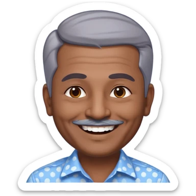 50 yr old indian man, dark skin, grey hair, big smile, white teeth, chubby, no moustache, clean shaven, young style hair, hair brushed back, 5 oclock shadow, bindy dot on forehead, dress shirt sticker