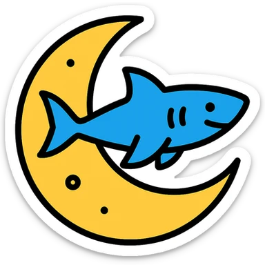 moon with a shark icon in lineal color with black outlines sticker