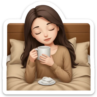 brunette girl with closed eyes lies on bed with brown bed linen in beige blouse with long hair and holds mug close up without makeup sticker