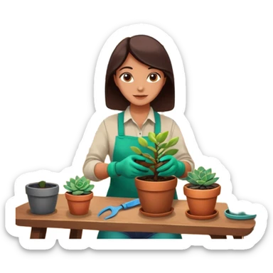 Close-up of a person planting a sapling in a pot. Around, potted plants and succulents with vibrant leaves and flowers. Sunlight filters through the window, casting soft shadows. Cozy indoor space with gardening tools on a wooden table. sticker