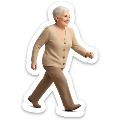 Change the walking pose of the elderly woman with short hair to a brisk walk. Keep the GPT Image style look in mind while editing. sticker