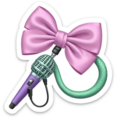 A pastel pink bow with a pastel green snake on the top of one side and a pastel purple microphone on the bottom of the other side sticker