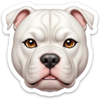 Cinematic Noble White American Bulldog Portrait Emoji, Poised and regal, with a powerful, muscular build and a sleek, well-groomed pure white coat, deep-set soulful brown eyes, Simplified yet sharp and sophisticated features, highly detailed, glowing with a soft, dignified glow, high shine, intelligent and loyal, stylized with an air of strength, focused and attentive, soft glowing outline, capturing the essence of a watchful and confident guardian, so majestic it feels as though it could step out of the screen with effortless authority! sticker