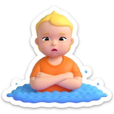 baby with arms crossed, pouting and crying, water splashes around sticker