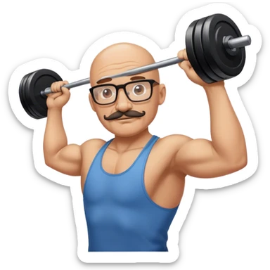 Bald man with glasses and mustache training a man lifting weights sticker