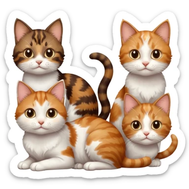 3 small cats different colours including brown tabby and white, patchy calico, and ginger and white sticker