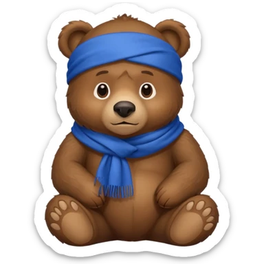 large serious-looking brown bear sitting wearing blue scarf sticker