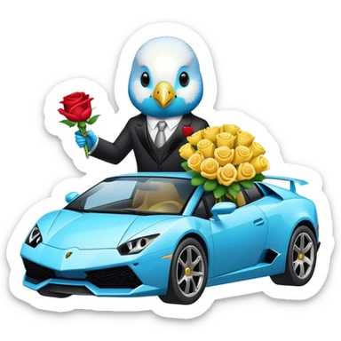 budgie in a lambo in a suit holding roses bouquet sticker