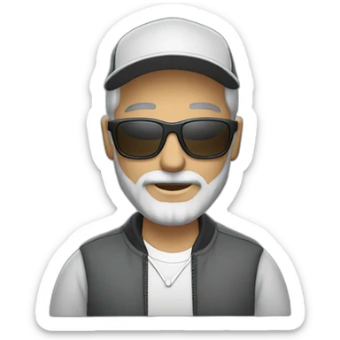 gray-haired man with a beard and mustache in sunglasses wearing a baseball cap on his head in a sports jacket sticker
