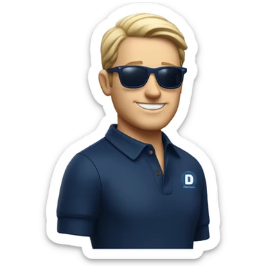 a short, handsome white man in sunglasses with a navy blue polo shirt and the D'COSTURA logo sticker