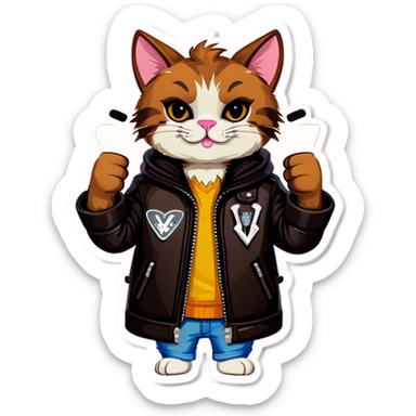 Cool brown cat in leather jacket shows v sign   sticker