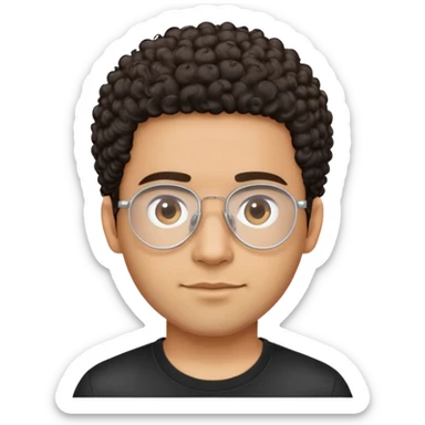 Light brown skinned Latino man with oval face, transparent aviator eyeglasses with thin metal frames, completely bald sides with extremely short dark curly hair only on crown, friendly neutral expression, casual black t-shirt sticker