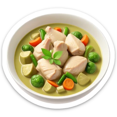 Green Chicken Curry Cinematic Realistic Green Chicken Curry Dish Emoji, depicted as tender chicken chunks simmered in a fragrant green curry sauce with vegetables, rendered with vivid textures and dynamic, vibrant lighting. sticker