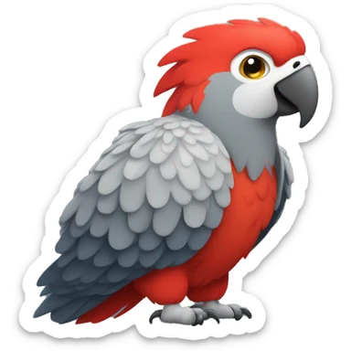A large parrot. It has gray feathers and a red tail, and its head is white. It is very cute and small and very little annoying, doesn’t have red on his head  sticker