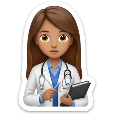 psychiatrist or therapist, mental health professional with notebook dressed like ad doctor with long brown hair  sticker