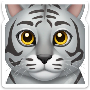 grey tiger cat with some lines of brown and black with yellow eyes and a black nose sticker