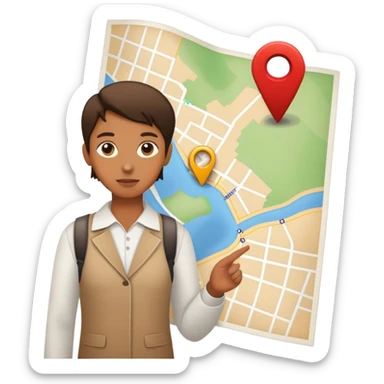character standing next to location pin on a map sticker