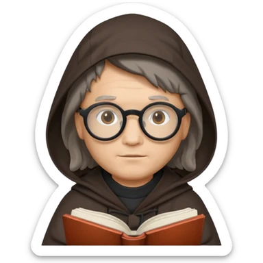 Monk priest prayer black habit with hood round black glasses done light brown wavy hair under hood remove the medallion smaller more round glassed age 46 no necklace more oval face hand holding book that says RB 480 top left is great add a little hair brown gray under hood  sticker
