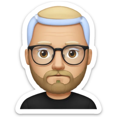 bald blonde bearded man with eyeglasses with black shirt sticker