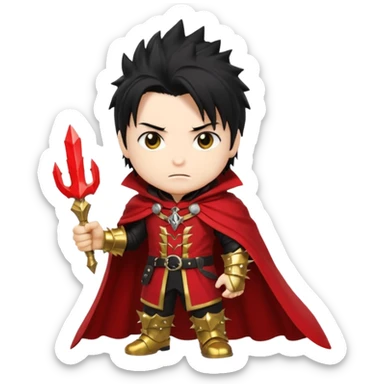 Vincent Valentine from Final Fantasy 7, chibi style, red cloak, golden gauntlet, spiky black hair, mysterious expression sticker