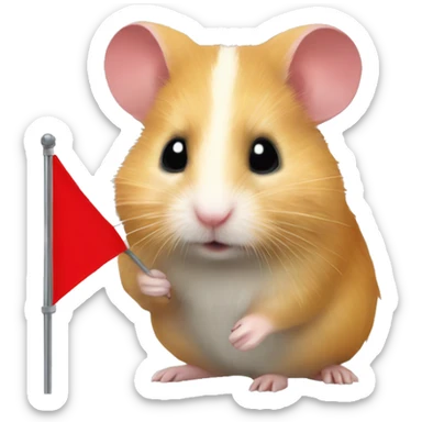 Blonde Syrian hamster with a red flag sticker