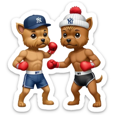 Yorkie with a NYY hat fighting a boxer dog with a NYM hat sticker