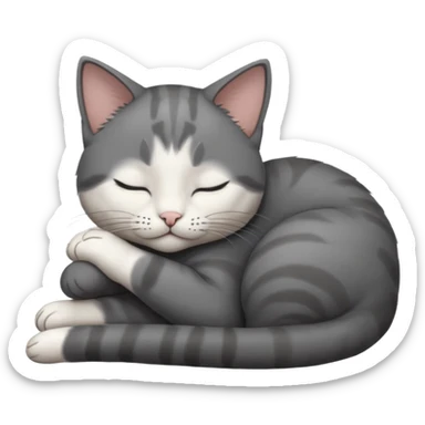 dark grey and white small cat with his eyes closed, leaning his head on his paw while leaning on his elbow lying down sticker