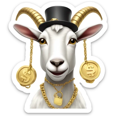 A Goat with gold chains and money and a cap  sticker