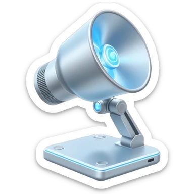 Flat emoji of a wrist-mounted hologram projector emitting a soft blue light cone, simple shapes, modern sci-fi style sticker