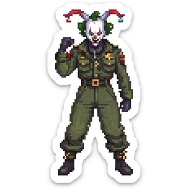 evil clown soldier, bald, small black satan horns on forehead, fangs, pointed ears, eye patch over one eye, black and military green clothes with bellbottom pants, realistically proportioned, less bulky, full body, fighting stance sticker