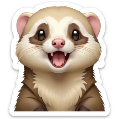 Cinematic Cute Yawning Ferret Portrait Emoji, Head tilted slightly with an exaggerated, wide-open yawn, showcasing a long, flexible body with a plush coat in soft brown and cream, droopy, drowsy eyes, and a relaxed expression, Simplified yet irresistibly endearing features, highly detailed, glowing with a soft, cozy natural glow, high shine, relaxed yet expressive, stylized with a dash of whimsical charm, soft glowing outline, capturing the essence of a sleepy yet affectionate ferret that seems ready to curl up for a nap! sticker