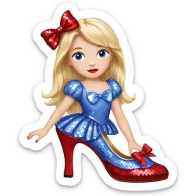 Dorothy Gale from Oz with long blonde hair, periwinkle sequin outfit, red bow sticker