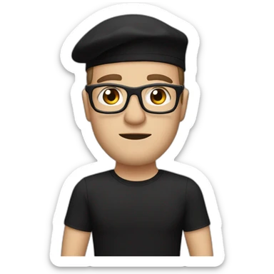 drummer man, grumpy, caucasian, with a black beret, glasses, and black t-shirt sticker