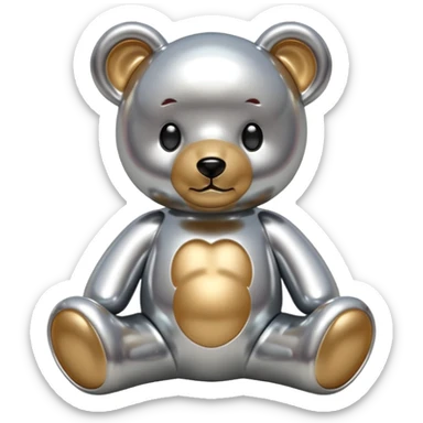 A cute teddy bear emoji made of liquid silver chrome, smooth rounded body, glossy metallic surface, soft reflections, friendly proportions, iOS emoji style, centered, clean white background sticker