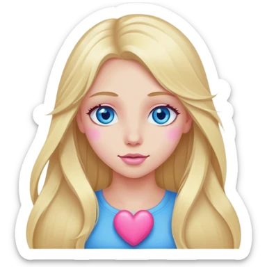 Cinematic realistic blonde with long hair and blue eyes and a pink heart sticker