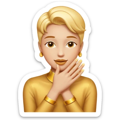 gender-neutral or slightly masculine person gently kissing their own glowing golden hands with admiration and pride, proud warm playful expression, emoji style, compact composition, clean lines, bold colors, smooth shading, minimal details, high readability, white or transparent background sticker
