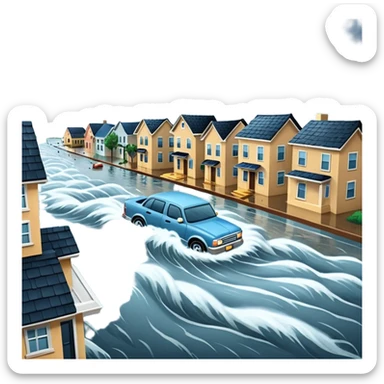 showing a flood disaster scene with strong water waves overflowing streets, partially submerged houses and cars, dark cloudy sky sticker