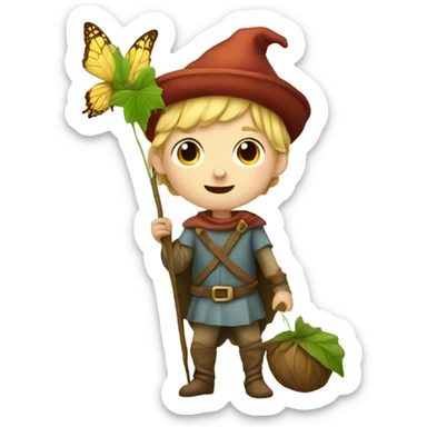 Medieval little whimsical little boy who is pale and he has a leaf hat and is riding a butterfly sticker
